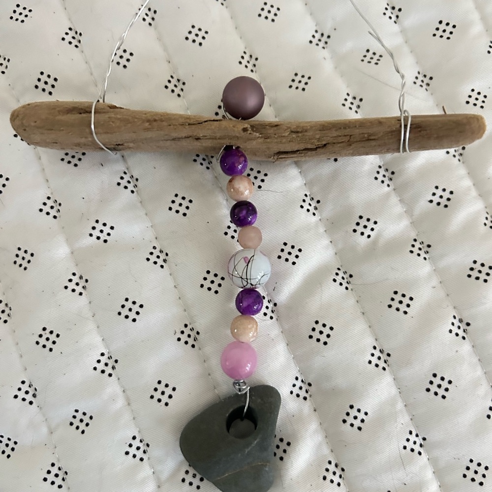 Purple and Pink Beaded Driftwood Wall Decor